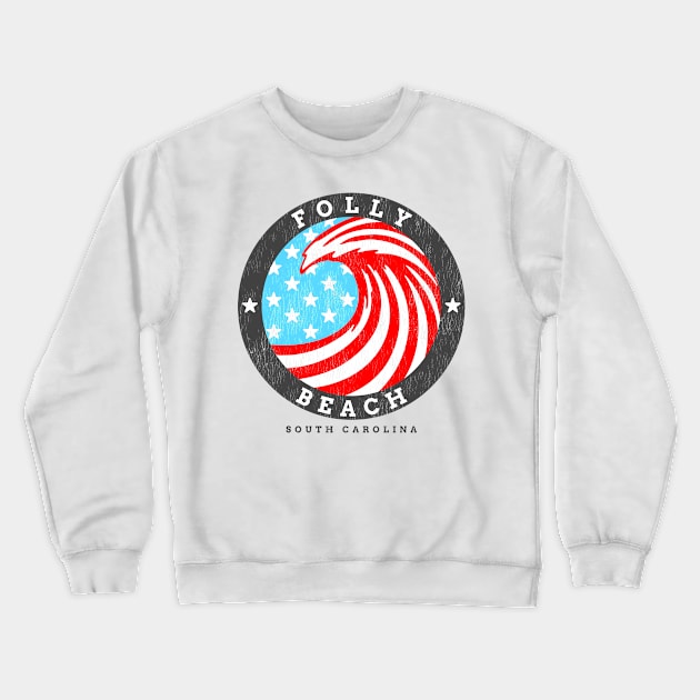 Folly Beach, SC Summertime Patriotic 4th Pride Surfing Crewneck Sweatshirt by Contentarama